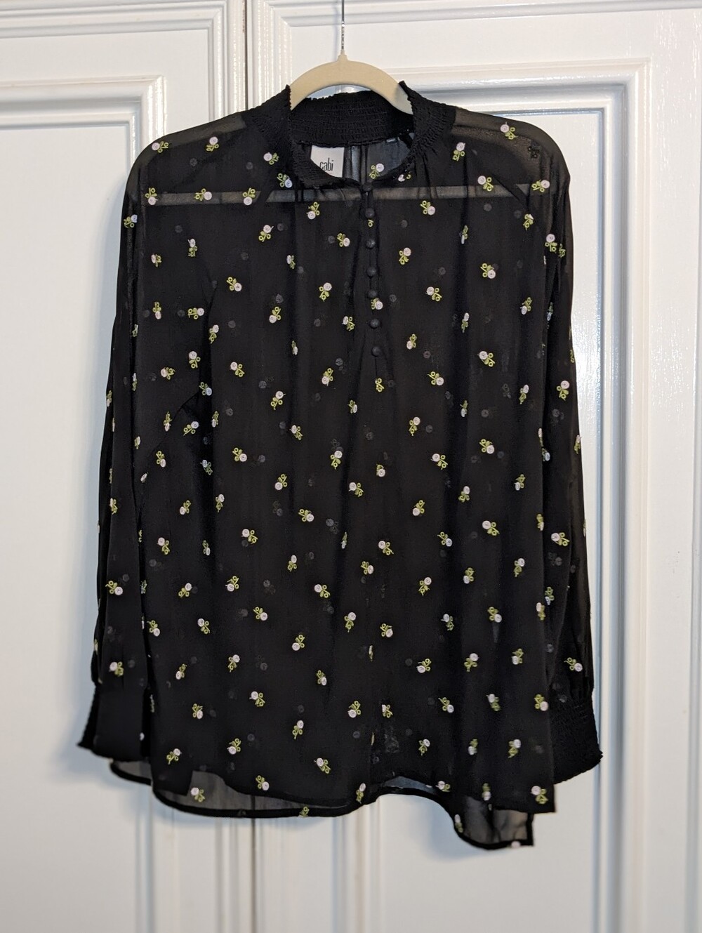 Cabi Sheer Embroidered Floral Blouse Small Black Boho Romantic Sheer Top